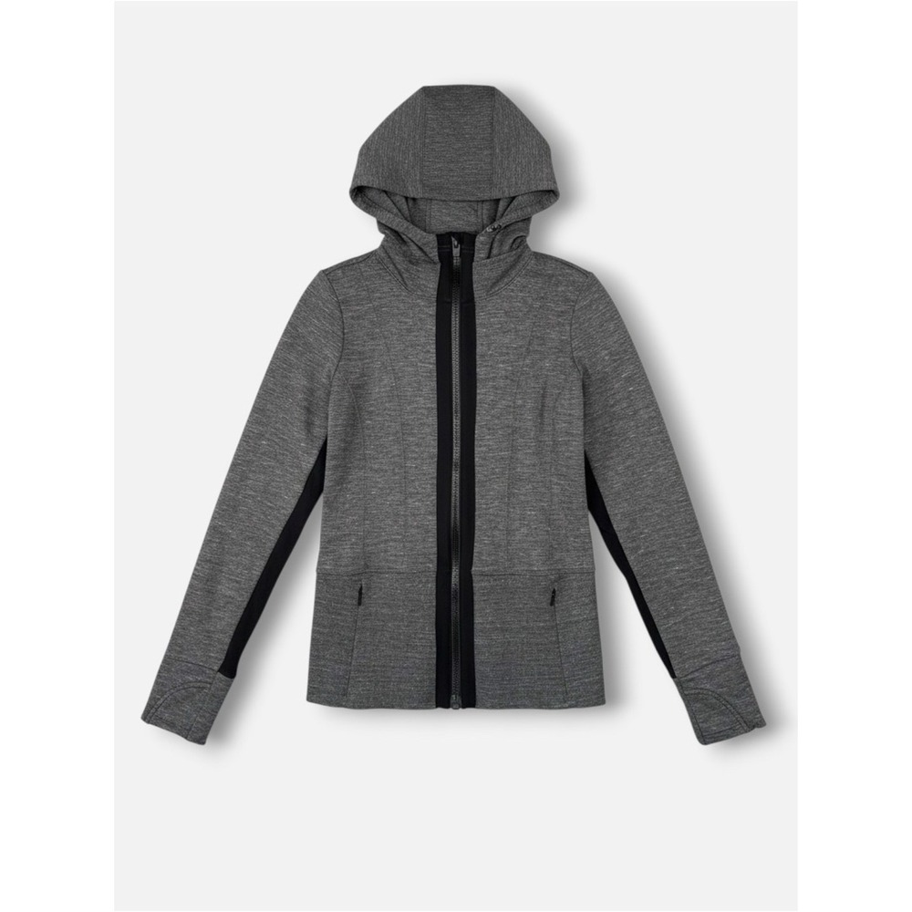 Athleta Victory Zip Up Hooded Jacket Gray Black XS Fleece Lined Thumbholes